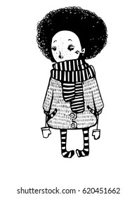 Girl with afro in coat and striped scarf vector graphics