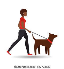 girl afro walking a brown dog vector illustration eps 10