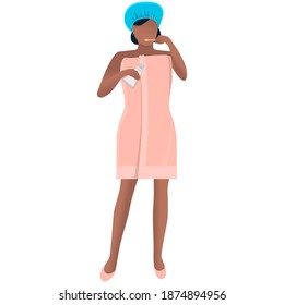 A girl after a morning or evening shower brushes her teeth. The concept of a healthy lifestyle and taking care of your body. Graphic vector drawing of a girl in a towel