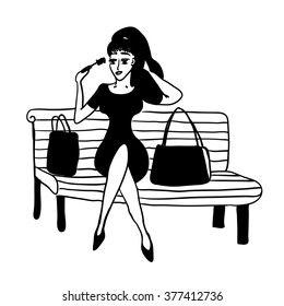 Girl after shopping on a park bench corrects make-up sketch comic contour cartoon vector illustration