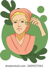 Girl after shower doing facial massage with facial massage roller.

Vector illustration.