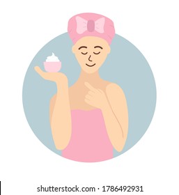 girl after shower holds cream jar in her hands. smile. Self-care concept, cosmetology, cosmetics. Cartoon hand drawn vector illustration isolated on white.