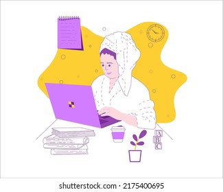 a girl after a shower sits at a computer and learns on the programming site. desktop with books, coffee, letter cubes and plant