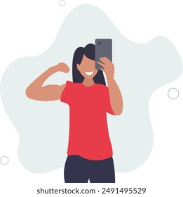 girl after training takes a selfie, healthy lifestyle and fitness concept.flat design.illustration with people.