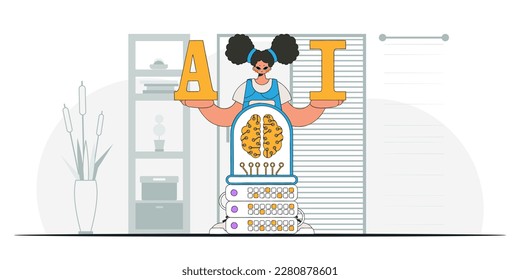 Girl with AI brain, stylishly drawn, vectorillustrated.