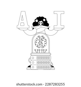 Girl and AI driven server with AI theme in linear vector style