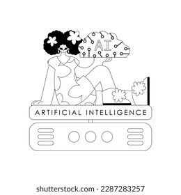 Girl and AI server, in a linear vector style illustrating the artificial intelligence theme