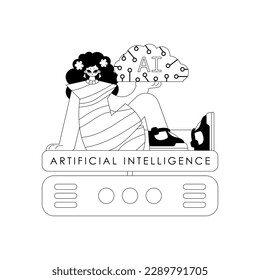 Girl and AI server in linear vector style, illustrating the artificial intelligence theme