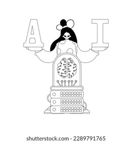 Girl and AI server in linear vector style, powered by Artificial Intelligence