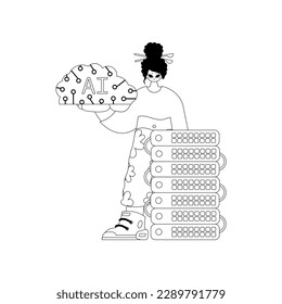 Servidor Girl y AI con tema AI, representado en un estilo vectorial lineal