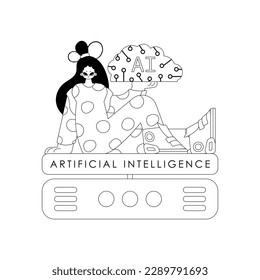 Girl and AI server in a vector linear style exploring Artificial Intelligence themes
