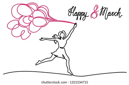 Girl with air balloon and with an inscription Happy 8 March. Womens day card. Continuous one line style. - Vector 