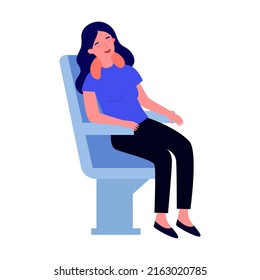 Girl In Air Trip Sleeping In A Comfortable Chair Flat Vector Illustration. Business Class Travelers Sitting Near Airplane Window. People Travelling By Plane