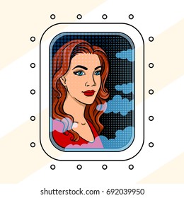 Girl in the airplane window pop art retro vector illustration. Woman travel. Comic book style imitation.