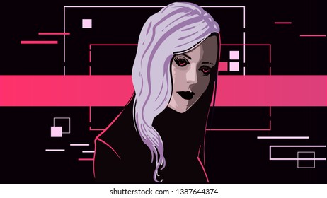 The girl is an albino with white hair on a futuristic sc-fi retro wave black background with a pink stripe down the middle. Synthwave 80s backgroudn.