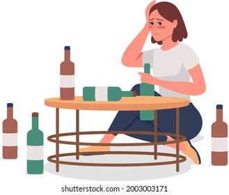 Girl with alcoholism semi flat color vector character. Sitting figure. Full body person on white. Unhealthy habit isolated modern cartoon style illustration for graphic design and animation