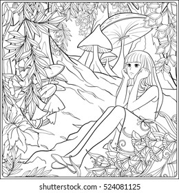 Girl Alice in the woods in the meadow with trees and mushrooms. Outline drawing coloring page. Coloring book for adult. Stock line vector illustration.