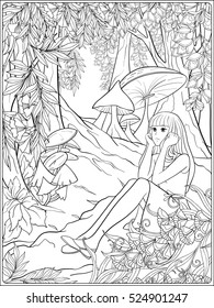 Girl Alice in the woods in the meadow with trees and mushrooms. Outline drawing coloring page. Coloring book for adult. Stock line vector illustration.