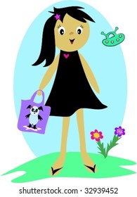 Girl with Alien Panda Purse Vector