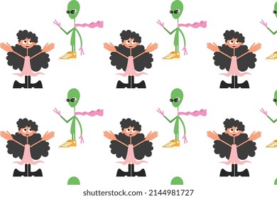 Girl and alien, poster for children's room, vector pattern.