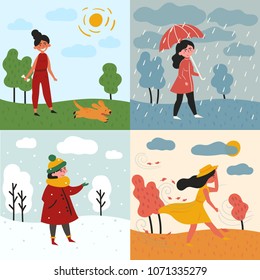 A girl in all four seasons and weather. Windy for autumn, snowy winter, rainy for spring and sunny is summer. Female in different poses and cloth, umbrella, dog and trees. Set of vector illustration
