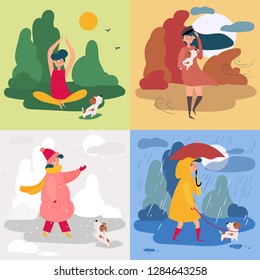 A girl in all four seasons and weather. Windy for autumn, snowy winter, rainy for spring and sunny is summer. Female in different poses and cloth, umbrella, dog and trees. Set of vector illustration