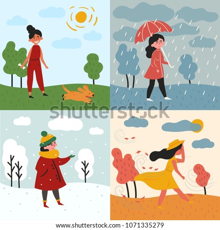 A girl in all four seasons and weather. Windy for autumn, snowy winter, rainy for spring and sunny is summer. Female in different poses and cloth, umbrella, dog and trees. Set of vector illustration