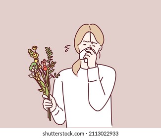 girl is allergic to the bouquet of flowers. Hand drawn style vector design illustrations.