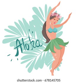 Girl in aloha style dancing against green flower background