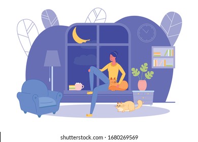 Girl Alone at Home Sit on Window Sill in Evening. Relax in Home Comfort with Favorite Pets. At Night Girl made Hot Chocolate with Marshmallows and Strokes Cat. She Ponders and Looks out Window.