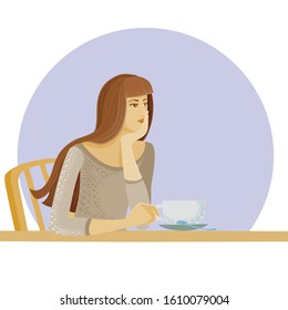 girl alone sits at a table in a cafe with a mug, expectation, date, disappointment, sadness, anticipation, dream,