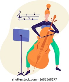 Girl with Alto cello, violoncello, bass-viol learning to play vector illustration, isolated on white background. Female character hobbies self improvement, best hobby for people cartoon style.