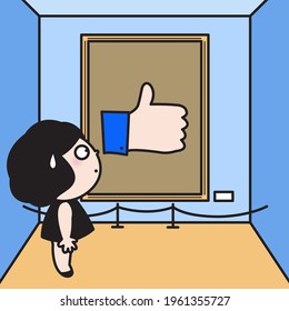 Girl With Amazed Face Looking At Hand with Thumb Up, Like Icon Art Piece In Museum. Character Card illustration Concept