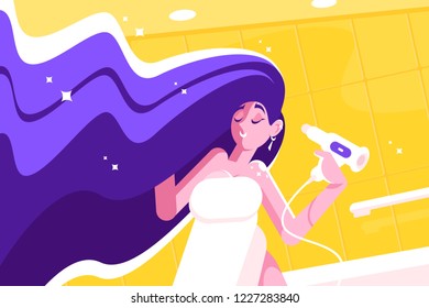 Girl with amazing long hair blowing dry. Young woman with beautiful hairstyle drying locks in bathroom with hairdrier vector illustration flat style concept