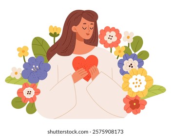 A girl among flowers hugs a heart. Spring tender illustration. Feeling self love, bliss, harmony, positive emotion. Happy calm peaceful girl volunteer. Care, humanity, selfhelp and peace concept. 