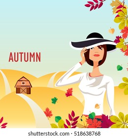 Girl among the hills. autumn leaves. The girl in the hat. Happy Thanksgiving Day. Greeting card design with autumn composition. 