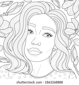 Girl among magnolias. Coloring book antistress for children and adults. Zen-tangle style.Black and white drawing