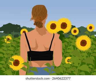 Girl among sunflowers — illustration in flat design style. Summer atmosphere, calm color palette. EPS 10.