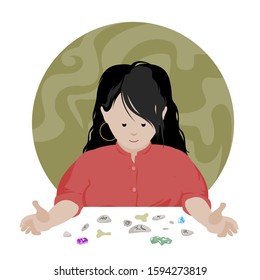 Girl amulets reading does. A woman guesses on amulets. Magic, prophecy, witchcraft, fortune telling.
