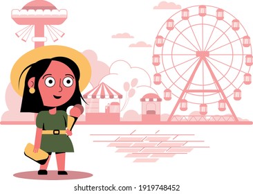 The girl at the amusement park. Chibi girl. Vector illustration.