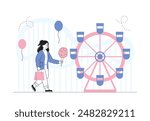 Girl in amusement park. Schoolgirl with pink bag and cotton candy walks near Ferris wheel. Fun and leisure. Child with attraction. Linear vector illustration isolated on white background
