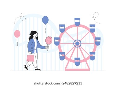 Girl in amusement park. Schoolgirl with pink bag and cotton candy walks near Ferris wheel. Fun and leisure. Child with attraction. Linear vector illustration isolated on white background