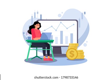A girl analyzing the stock market. Vector Illustration concept.