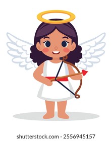 Girl Angel Cupid with wings with arrow and bow. Character, element for postcards. Valentine's Day. Vector