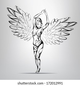 Girl angel with elements of vegetation. vector illustration