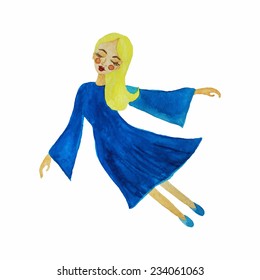 Girl as angel with fair hair. Sleeping and soaring in heavens. Watercolor vector illustration.