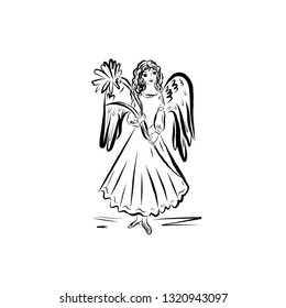 Girl angel with flowers. Graphic vintage linear drawing. Concept for religious holidays - Easter, Christmas. Bible symbol. Illustration for children's books, cards