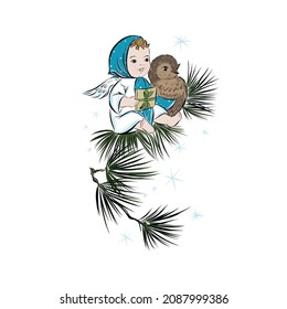 girl angel holding a New Year's gift, with an owl sitting on a spruce branch