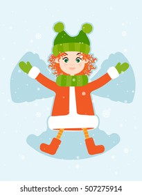 The girl - angel. Little cute girl dabbles in the snow