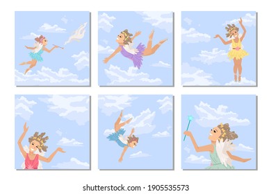 Girl angel in sky. Set of square cards. Fairytale character fairy fly in the sky, magic illustration. Vector cartoon style illustration. Children's greetings design